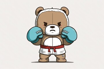 Illustration of a bear doll dressed for Thai boxing. Generative AI