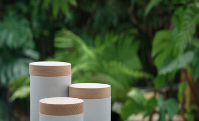 Minimal podium table top outdoors blur green monstera tropical forest plant background.beauty...