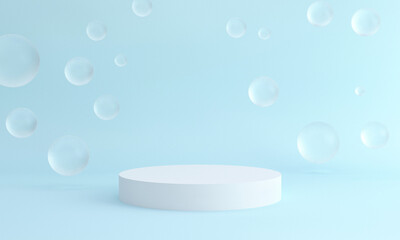 Abstract minimal background with white cylindrical podium and white balloons. Stage for the product demonstration. Showcase, 3d render