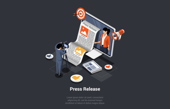 Press Release, News Paper Publication Concept. Press Release, Online Journal, News Publication, Online Press Media. Reporter Or Cameraman Shoots Report on Camera. Isometric 3d Vector Illustration