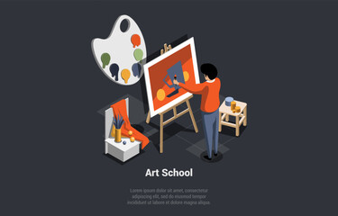 Concept Of Online School Graphic Designer And Digital Art Drawing Courses. Boy Engaged In Creativity, Paints on Easel. Character Paints Picture In Classroom. Isometric 3d Cartoon Vector Illustration