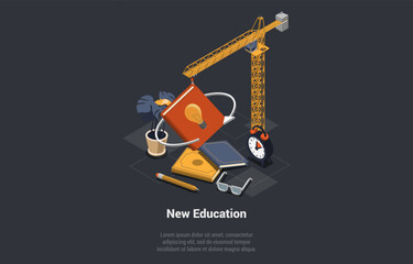 Distance Online E-Learning And New Education. Tower Crane With Book For Learning. Creativity to Create New Idea, Imagination or Invention, Inspiration or Genius Idea. Isometric 3d Vector Illustration