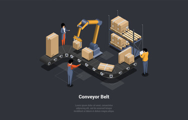 Factory Industrial Machine Manufacturer Robot Unit Construction Engineering Equipment With Engineer. Workers Sort Cardboard Boxes on a Conveyor Belt At Warehouse. Isometric 3d Vector Illustration