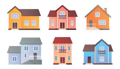 Private houses set. Collection of graphic elements for website. Real estate and urban buildings, architecture, facade and exterior. Cartoon flat vector illustrations isolated on white background