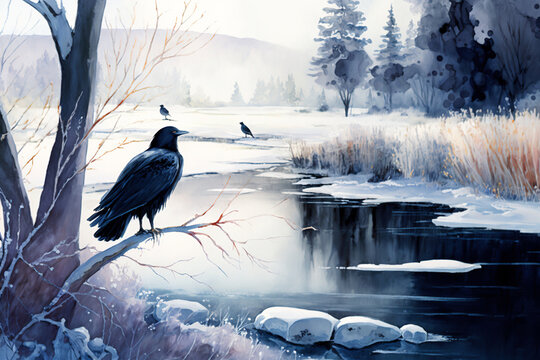 Crow in the field, winter - Created with Generative AI Technology