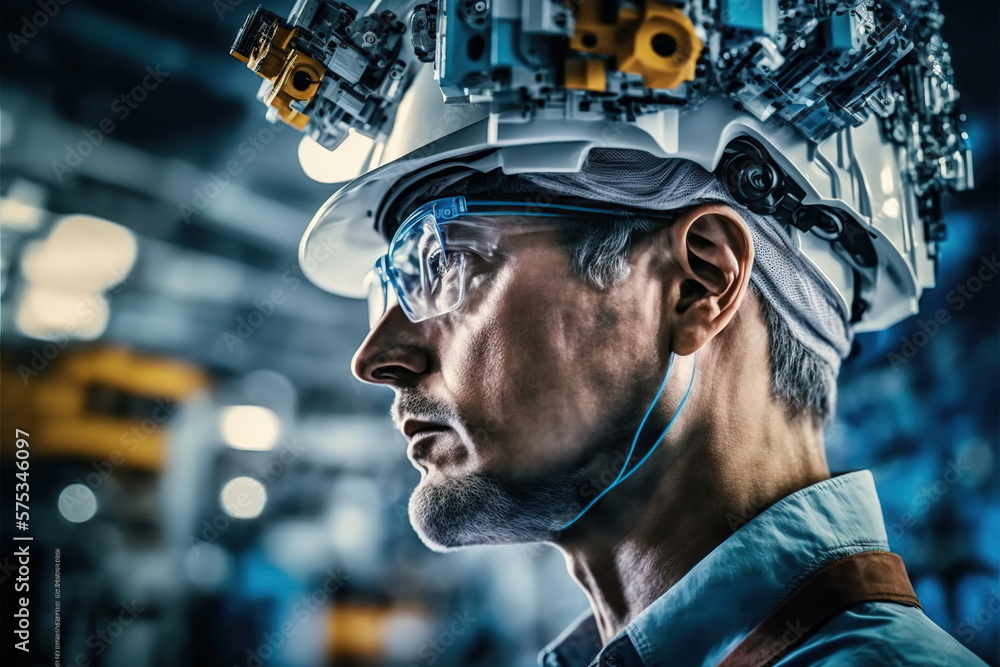 Poster technological engineer portrait ensuring high-quality and precise production quota on factory assemb