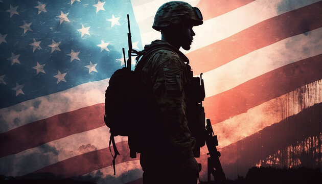 US army soldier silhouettes against the American flag, memorial day, fourth of july, generative ai