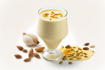 A milk shake called kesar badam, or almond saffron milk, made in Kerala, India, with almonds, spices, and milk. Kheer, a classic North Indian beverage revered for its medicinal properties Badam lassi