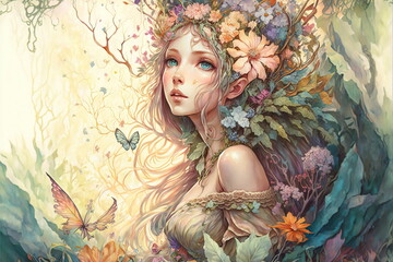 Wondrous fantasy portrait of goddess wood elf princess wearing beautiful flowery wreath blossom filled with vibrant flowers in springtime like fairytale in isolated background by Generative AI. - obrazy, fototapety, plakaty