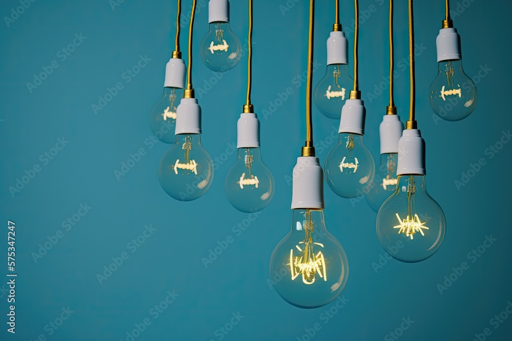 Poster led filament bulbs dangling from the ceiling one alternative notion laid out on a sky blue backgroun