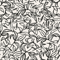 Abstract doodled leaves seamless repeat pattern. Random placed, vector botanical garden plant elements all over surface print on beige background.