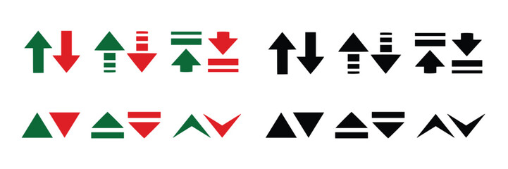 Stock exchange green and red up and down arrows icons,cryptocurrency growth icons 