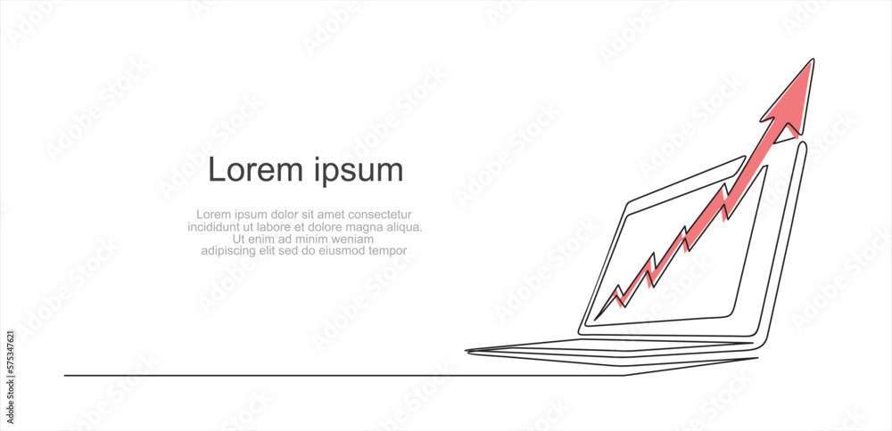 Poster continuous one line vector drawing of laptop with graph and up arrow. line art. can used for logo, e