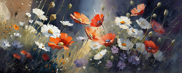 Fototapeta na wymiar Artwork, fine art, watercolor paintings summer landscape, background with flowers, poppies in the field