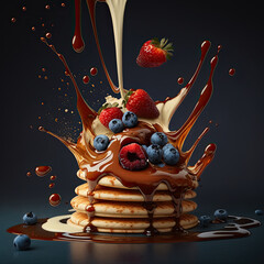 Stack of pancakes topped honey caramel syrup with berries. Generative AI - obrazy, fototapety, plakaty