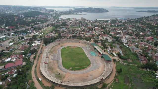 Aerial view of the CCM Kirumba Stadium next to Lake Victoria. Big arena in Mwanza, Tanzania.