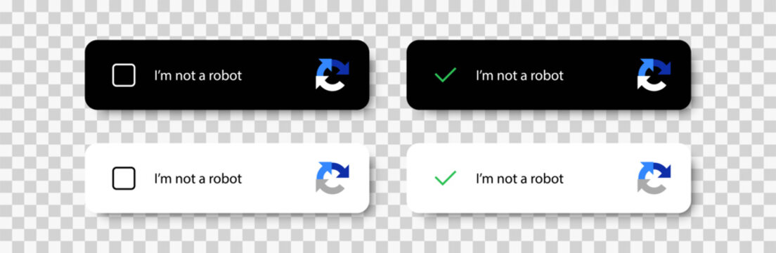 I'm not a robot captcha button set. Dark and white buttons. Website security form. Vector EPS 10