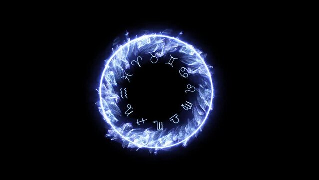 Mystical zodiac signs from the fire. Energy geometric circle on a dark background. Mockup for your logo and text. Round mystical portal.