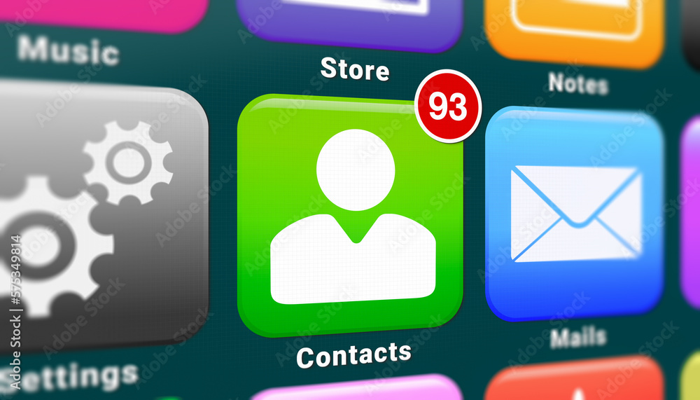 Poster illustation of a smartphone screen. in focus a contact app with notifications.