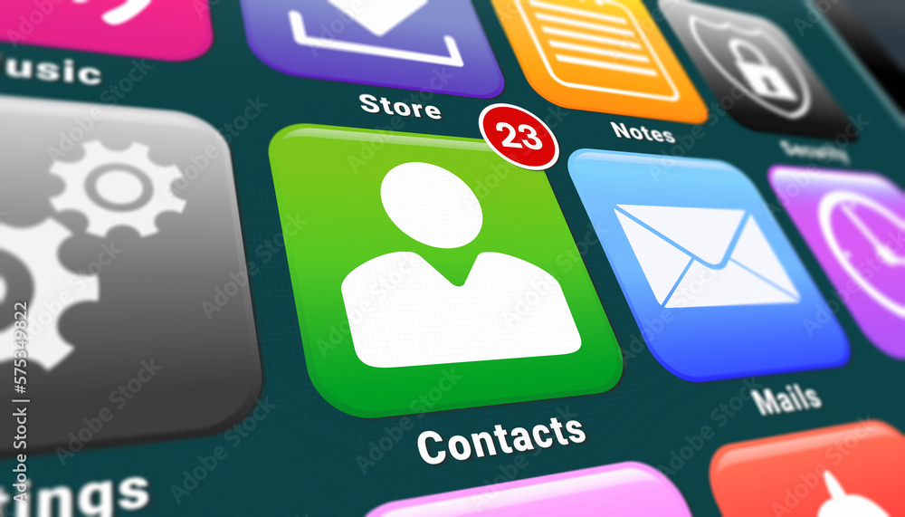 Poster illustation of a smartphone screen. in focus a contact app with notifications.