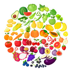 A large mega set of vegetables and fruits in a juicy cartoon style. The concept of healthy food and products. A bright element for your design.