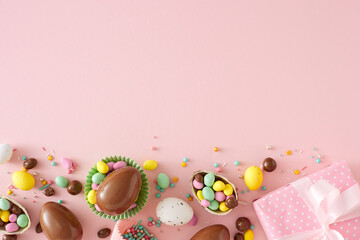 Sweet Easter concept. Top view photo of chocolate eggs dragees sprinkles and present gift box on isolated pastel pink background with copyspace. Holiday card idea