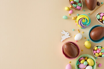 Easter decor concept. Flat lay photo of chocolate eggs with dragees sprinkles meringue lollipops...