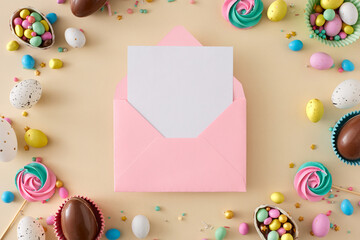 Easter concept. Top view composition of open envelope with card chocolate eggs dragees sprinkles...