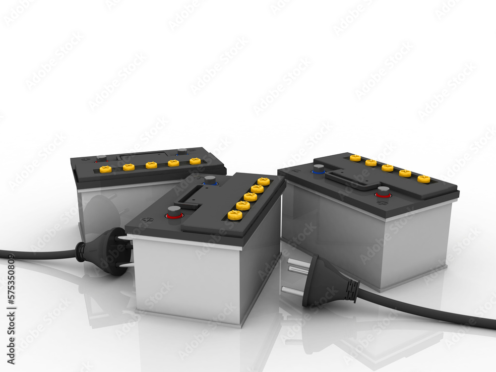 Poster 3d rendering electrical energy and power supply source concept, accumulator inverter battery with ch