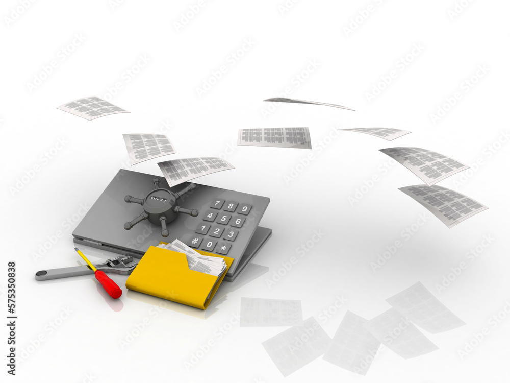 Poster 3d illustration computer technical service with document