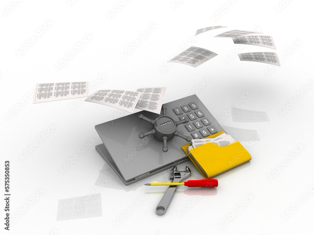 Poster 3d illustration computer technical service with document