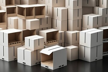 Lots of cardboard boxes and packaged goods line the shelves of a retail warehouse. Product Storage, Handling, and Distribution Center. Generative AI