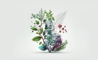 Dna chain surrounded by green leaves isolated on white background. Creative Watercolor concept of biology and microbiology, the study of nature problems. 3d render illustration. Generative AI
