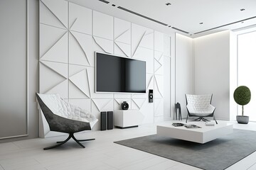 Naklejka na ściany i meble In a minimalist living room with a white plaster wall, an armchair, and a TV cabinet,. Generative AI