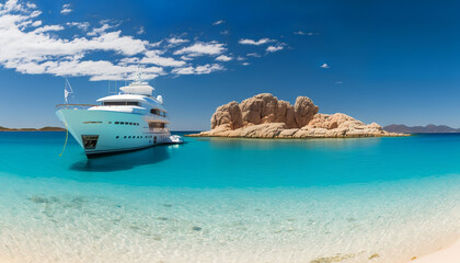 Paradise beach, Luxury yacht on the blue water, Generative AI
