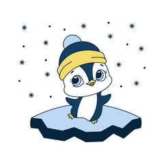 cartoon cute little penguin in a hat on ice