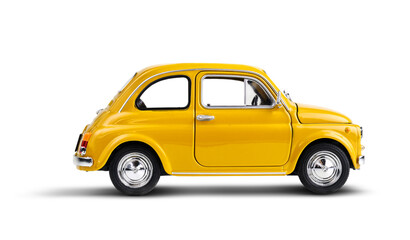 Yellow toy retro car on transparent background - obrazy, fototapety, plakaty