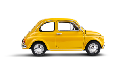 Yellow toy retro car on transparent background