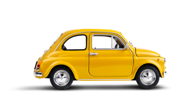 Yellow toy retro car on transparent background