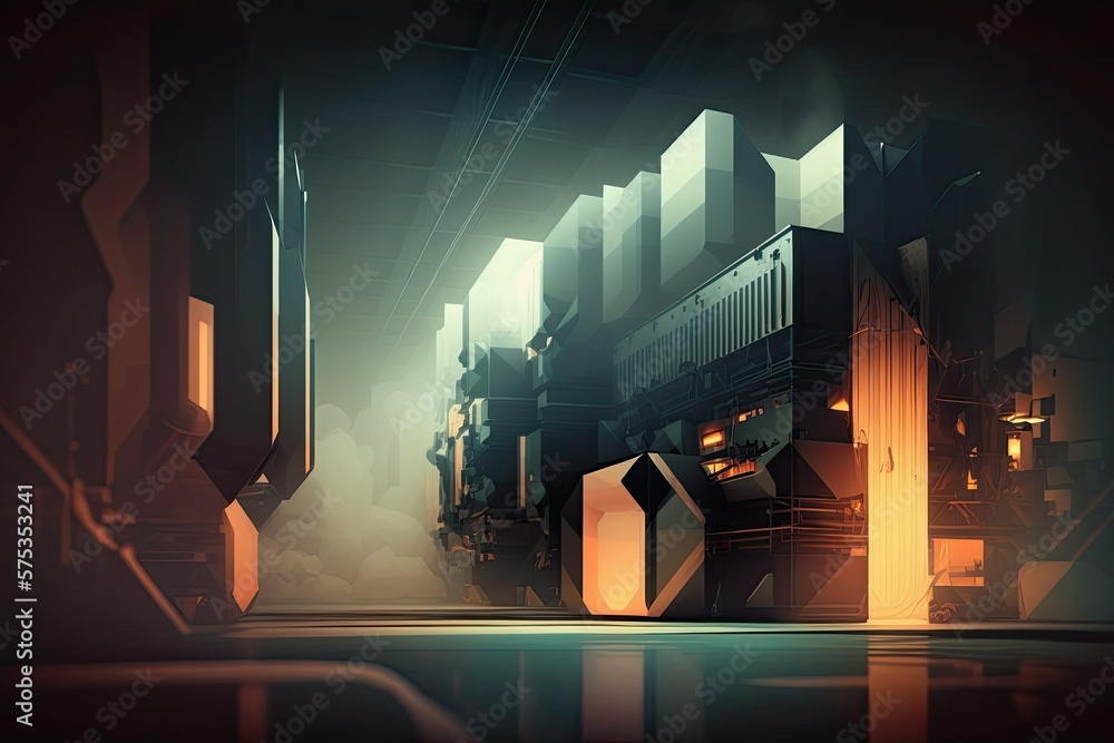 Poster industrial abstract background with blurring factory and storage rooms. generative ai