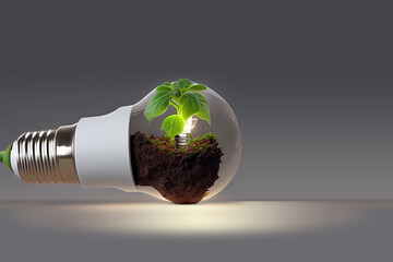 Small plant in a light bulb on grey background Energy Saving Saving Power Save energy Green energy concept Generative AI