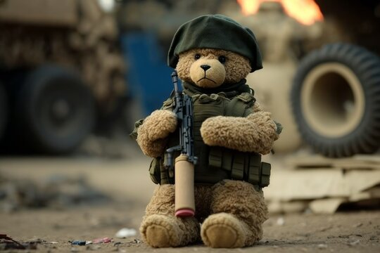 Teddy bear toy dressed in military uniform holds weapon, AI generated. The right to bear arms by citizens raises great social emotions in many countries.