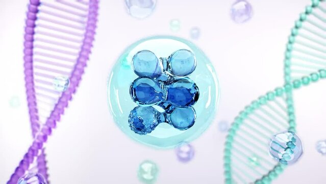 Molecule inside Liquid Bubble concept. Moving cosmetic essence bubble and DNA molecules. Serum with hyaluronic acid or collagen for skin. Beauty product advertisement. Realistic 3D graphics animation