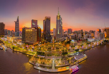 Ho Chi Minh City, Vietnam - February 5, 2023: view of district 1, Ho Chi Minh City, Vietnam at sunset