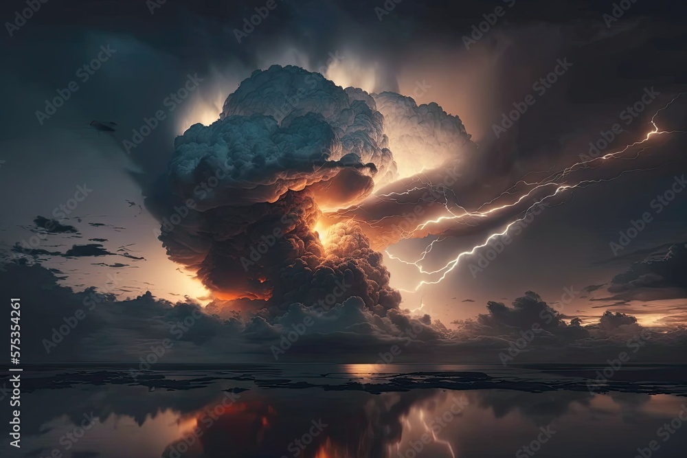 Poster thunder and lightning at nightfall. make up of the natural world. generative ai
