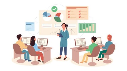 Education process video concept. Moving girl teacher or coach leads seminar or lecture on data analysis and financial management. Students learn business processes. Flat graphic animated cartoon - Powered by Adobe