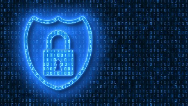 Video animation - Protect sign in light blue and in the background in dark blue a coding of binary code. - moving abstract background