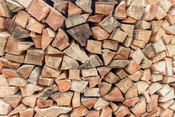 Close up of stacked firewood. Wooden texture.