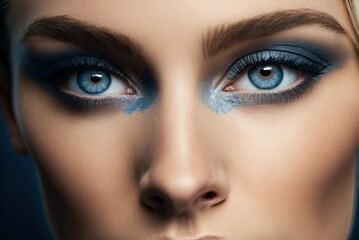 Naklejka premium Close up of beautiful woman blue eye make up. Ai generative.