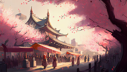 Cherry Blossom Festival Watercolor Art Style. Generative AI